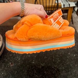 UGG Vibrant Orange Fluffy Platform Sandals